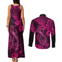 Hawaii Fish Hook Couples Matching Tank Maxi Dress and Long Sleeve Button Shirts Hibiscus Hawaii Tribal Tattoo Pink Version - Wonder Print Shop