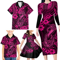 Hawaii Fish Hook Family Matching Long Sleeve Bodycon Dress and Hawaiian Shirt Hibiscus Hawaii Tribal Tattoo Pink Version - Wonder Print Shop