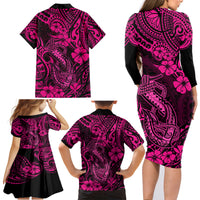 Hawaii Fish Hook Family Matching Long Sleeve Bodycon Dress and Hawaiian Shirt Hibiscus Hawaii Tribal Tattoo Pink Version - Wonder Print Shop