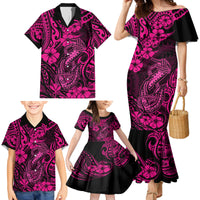 Hawaii Fish Hook Family Matching Mermaid Dress and Hawaiian Shirt Hibiscus Hawaii Tribal Tattoo Pink Version - Wonder Print Shop