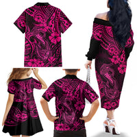 Hawaii Fish Hook Family Matching Off Shoulder Long Sleeve Dress and Hawaiian Shirt Hibiscus Hawaii Tribal Tattoo Pink Version - Wonder Print Shop