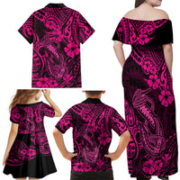 Hawaii Fish Hook Family Matching Off Shoulder Maxi Dress and Hawaiian Shirt Hibiscus Hawaii Tribal Tattoo Pink Version - Wonder Print Shop