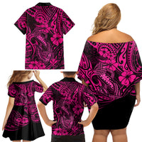 Hawaii Fish Hook Family Matching Off Shoulder Short Dress and Hawaiian Shirt Hibiscus Hawaii Tribal Tattoo Pink Version - Wonder Print Shop