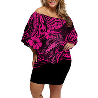 Hawaii Fish Hook Family Matching Off Shoulder Short Dress and Hawaiian Shirt Hibiscus Hawaii Tribal Tattoo Pink Version - Wonder Print Shop