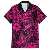 Pink and black Hawaiian button-up shirt with hibiscus and tribal fish hook print
