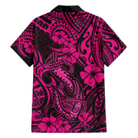 Pink and black Hawaiian button-up shirt with back tribal fish and hibiscus print