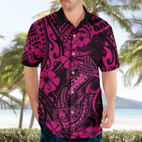 Pink and black Hawaiian button-up shirt with hibiscus and tribal fish hook graphics