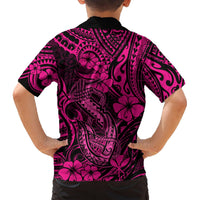 Pink and black Hawaiian button-up shirt, back view with tribal fish hook print