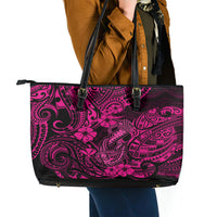Hawaii Fish Hook Leather Tote Bag Hibiscus Hawaii Tribal Tattoo Pink Version - Wonder Print Shop