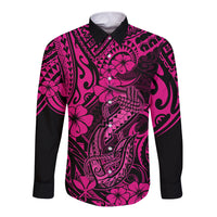 Hawaii Fish Hook Long Sleeve Button Shirt Hibiscus Hawaii Tribal Tattoo Pink Version - Wonder Print Shop