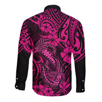 Hawaii Fish Hook Long Sleeve Button Shirt Hibiscus Hawaii Tribal Tattoo Pink Version - Wonder Print Shop