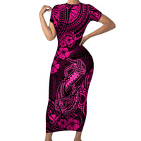 Hawaii Fish Hook Short Sleeve Bodycon Dress Hibiscus Hawaii Tribal Tattoo Pink Version - Wonder Print Shop