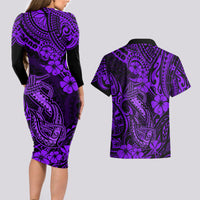 Hawaii Fish Hook Couples Matching Long Sleeve Bodycon Dress and Hawaiian Shirt Hibiscus Hawaii Tribal Tattoo Purple Version - Wonder Print Shop