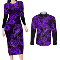 Hawaii Fish Hook Couples Matching Long Sleeve Bodycon Dress and Long Sleeve Button Shirts Hibiscus Hawaii Tribal Tattoo Purple Version - Wonder Print Shop