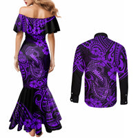 hawaii-fish-hook-couples-matching-mermaid-dress-and-long-sleeve-button-shirts-hibiscus-hawaii-tribal-tattoo-purple-version