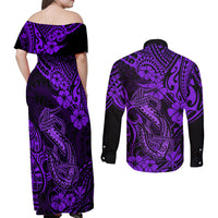 Hawaii Fish Hook Couples Matching Off Shoulder Maxi Dress and Long Sleeve Button Shirts Hibiscus Hawaii Tribal Tattoo Purple Version - Wonder Print Shop