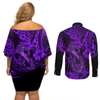 Hawaii Fish Hook Couples Matching Off Shoulder Short Dress and Long Sleeve Button Shirts Hibiscus Hawaii Tribal Tattoo Purple Version - Wonder Print Shop