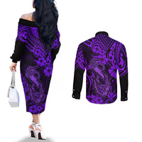 hawaii-fish-hook-couples-matching-off-the-shoulder-long-sleeve-dress-and-long-sleeve-button-shirts-hibiscus-hawaii-tribal-tattoo-purple-version