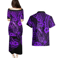 Hawaii Fish Hook Couples Matching Puletasi Dress and Hawaiian Shirt Hibiscus Hawaii Tribal Tattoo Purple Version - Wonder Print Shop