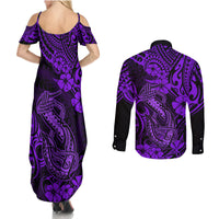 Hawaii Fish Hook Couples Matching Summer Maxi Dress and Long Sleeve Button Shirts Hibiscus Hawaii Tribal Tattoo Purple Version - Wonder Print Shop