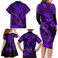 Hawaii Fish Hook Family Matching Long Sleeve Bodycon Dress and Hawaiian Shirt Hibiscus Hawaii Tribal Tattoo Purple Version - Wonder Print Shop