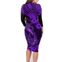 Hawaii Fish Hook Family Matching Long Sleeve Bodycon Dress and Hawaiian Shirt Hibiscus Hawaii Tribal Tattoo Purple Version - Wonder Print Shop