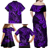 Hawaii Fish Hook Family Matching Off Shoulder Maxi Dress and Hawaiian Shirt Hibiscus Hawaii Tribal Tattoo Purple Version - Wonder Print Shop