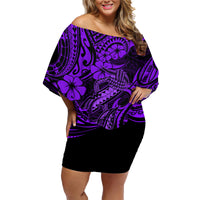 Hawaii Fish Hook Family Matching Off Shoulder Short Dress and Hawaiian Shirt Hibiscus Hawaii Tribal Tattoo Purple Version - Wonder Print Shop
