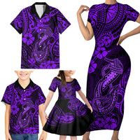 Hawaii Fish Hook Family Matching Short Sleeve Bodycon Dress and Hawaiian Shirt Hibiscus Hawaii Tribal Tattoo Purple Version - Wonder Print Shop
