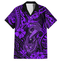 Purple-and-black Hawaiian shirt with hibiscus and tribal fish hook artwork, button-front