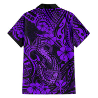 Purple-and-black Hawaiian shirt back view with tribal fish hook and hibiscus pattern