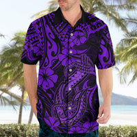 Men's purple-and-black Hawaiian shirt with button front, hibiscus, and fish hook graphics