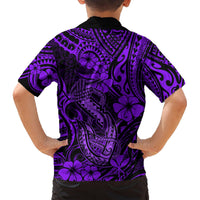 Kids purple-and-black Hawaiian shirt back with tribal fish hook and hibiscus floral print