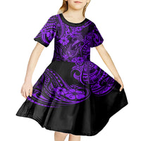 Hawaii Fish Hook Kid Short Sleeve Dress Hibiscus Hawaii Tribal Tattoo Purple Version - Wonder Print Shop