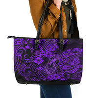 Hawaii Fish Hook Leather Tote Bag Hibiscus Hawaii Tribal Tattoo Purple Version - Wonder Print Shop