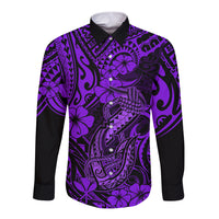 Hawaii Fish Hook Long Sleeve Button Shirt Hibiscus Hawaii Tribal Tattoo Purple Version - Wonder Print Shop
