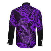 Hawaii Fish Hook Long Sleeve Button Shirt Hibiscus Hawaii Tribal Tattoo Purple Version - Wonder Print Shop
