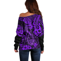 Hawaii Fish Hook Off Shoulder Sweater Hibiscus Hawaii Tribal Tattoo Purple Version - Wonder Print Shop