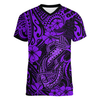 Hawaii Fish Hook Women V Neck T Shirt Hibiscus Hawaii Tribal Tattoo Purple Version - Wonder Print Shop
