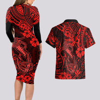 Hawaii Fish Hook Couples Matching Long Sleeve Bodycon Dress and Hawaiian Shirt Hibiscus Hawaii Tribal Tattoo Red Version - Wonder Print Shop
