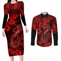 Hawaii Fish Hook Couples Matching Long Sleeve Bodycon Dress and Long Sleeve Button Shirts Hibiscus Hawaii Tribal Tattoo Red Version - Wonder Print Shop