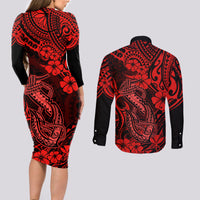 Hawaii Fish Hook Couples Matching Long Sleeve Bodycon Dress and Long Sleeve Button Shirts Hibiscus Hawaii Tribal Tattoo Red Version - Wonder Print Shop