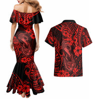 Hawaii Fish Hook Couples Matching Mermaid Dress and Hawaiian Shirt Hibiscus Hawaii Tribal Tattoo Red Version - Wonder Print Shop