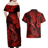 Hawaii Fish Hook Couples Matching Off Shoulder Maxi Dress and Hawaiian Shirt Hibiscus Hawaii Tribal Tattoo Red Version - Wonder Print Shop