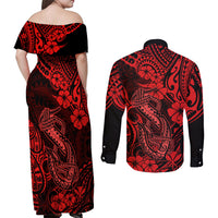 Hawaii Fish Hook Couples Matching Off Shoulder Maxi Dress and Long Sleeve Button Shirts Hibiscus Hawaii Tribal Tattoo Red Version - Wonder Print Shop