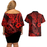 Hawaii Fish Hook Couples Matching Off Shoulder Short Dress and Hawaiian Shirt Hibiscus Hawaii Tribal Tattoo Red Version - Wonder Print Shop