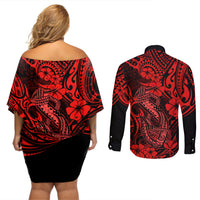 Hawaii Fish Hook Couples Matching Off Shoulder Short Dress and Long Sleeve Button Shirts Hibiscus Hawaii Tribal Tattoo Red Version - Wonder Print Shop