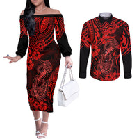 hawaii-fish-hook-couples-matching-off-the-shoulder-long-sleeve-dress-and-long-sleeve-button-shirts-hibiscus-hawaii-tribal-tattoo-red-version