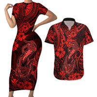 Hawaii Fish Hook Couples Matching Short Sleeve Bodycon Dress and Hawaiian Shirt Hibiscus Hawaii Tribal Tattoo Red Version - Wonder Print Shop