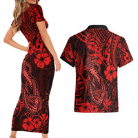 Hawaii Fish Hook Couples Matching Short Sleeve Bodycon Dress and Hawaiian Shirt Hibiscus Hawaii Tribal Tattoo Red Version - Wonder Print Shop
